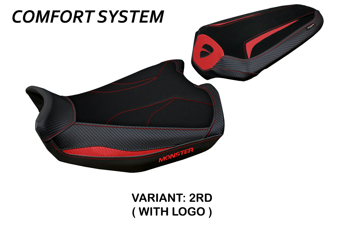 Funda de asiento Tappezzeria Italia TPZ Comfort para Ducati Monster 937 950 2021-2025 en rojo y negro