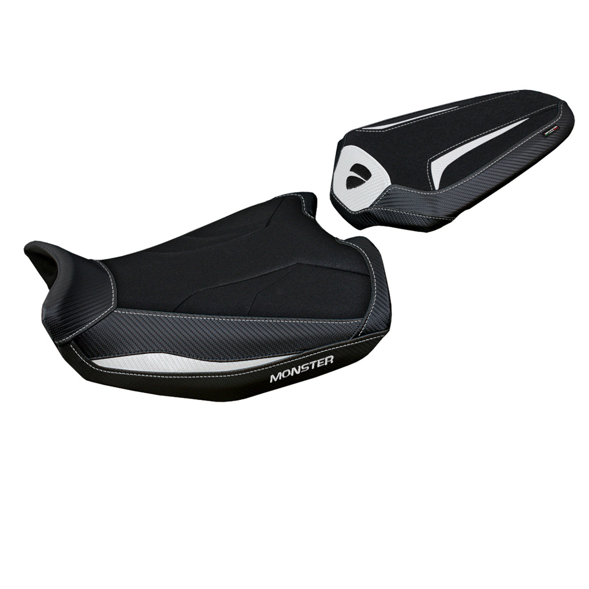 Funda de asiento Tappezzeria Italia TPZ Ultragrip para Ducati Monster 937 950 2021-2025 en blanco y negro