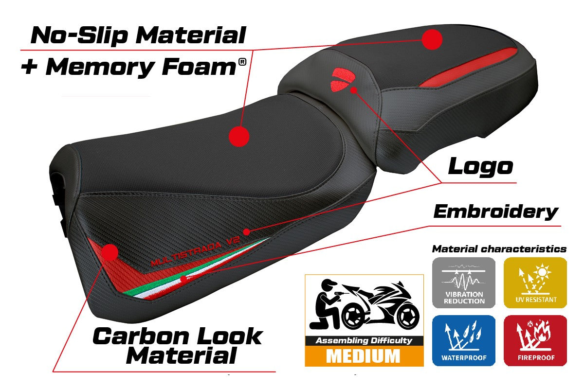 Funda de asiento Ducati Multistrada V2 2025 Tappezzeria Comfort Rojo Bandera Italiana Negro