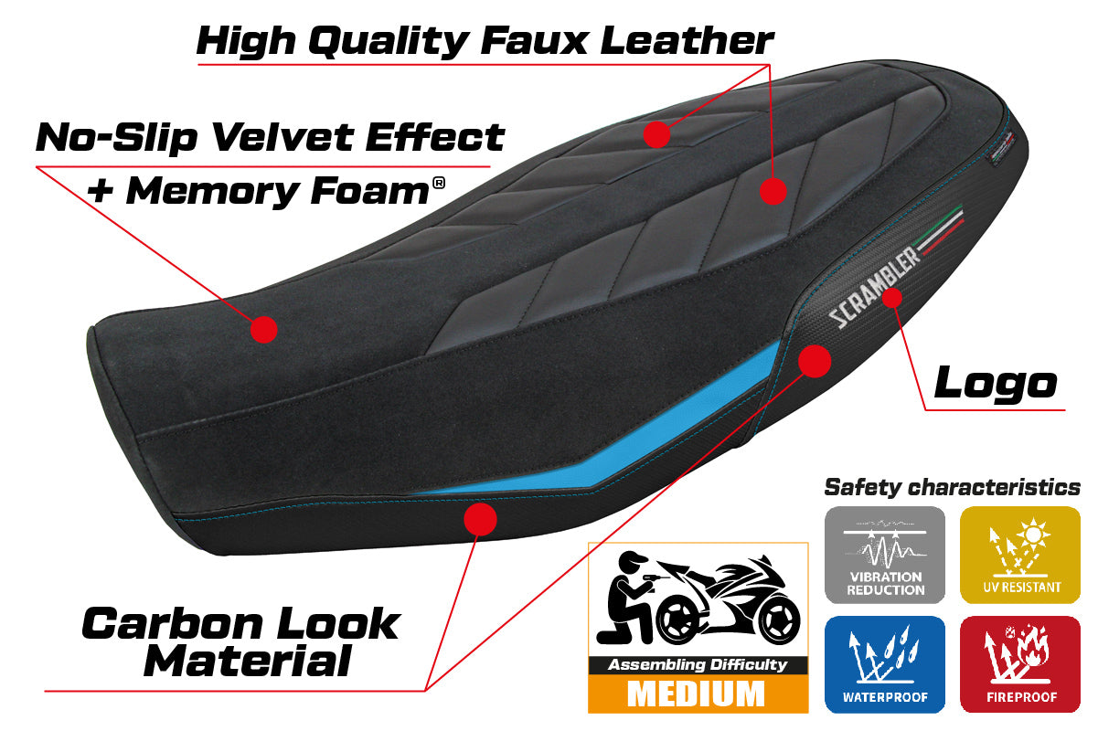 Ducati Scrambler 800 2023-2025 Seat Cover Tappezzeria Italia TPZ Comfort in Velvet Light Blue and Black