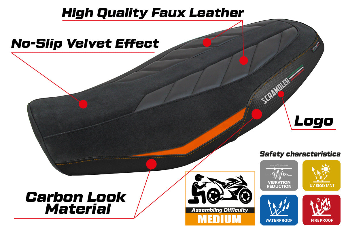 Funda de asiento Tappezzeria Italia TPZ para Ducati Scrambler 800 2023-2025 en terciopelo naranja y negro