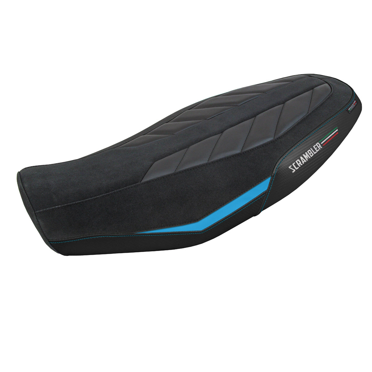 Funda de asiento Tappezzeria Italia TPZ para Ducati Scrambler 800 2023-2025 en terciopelo azul claro y negro