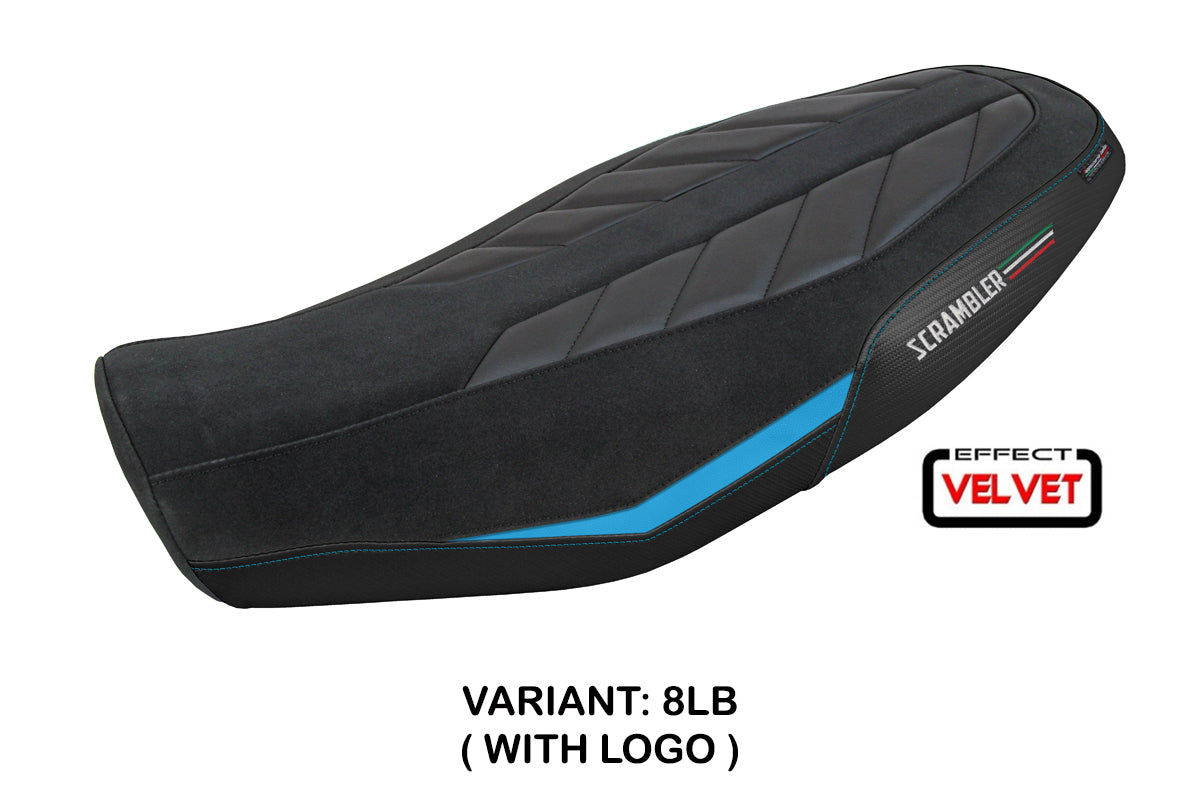 Funda de asiento Tappezzeria Italia TPZ para Ducati Scrambler 800 2023-2025 en terciopelo azul claro y negro