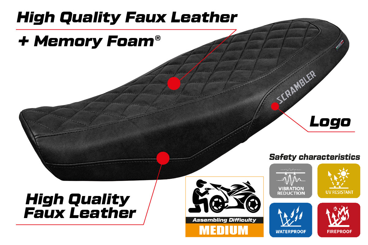 Funda de asiento Tappezzeria Italia TPZ Comfort para Ducati Scrambler 800 2023-2025 en cuero negro diamante