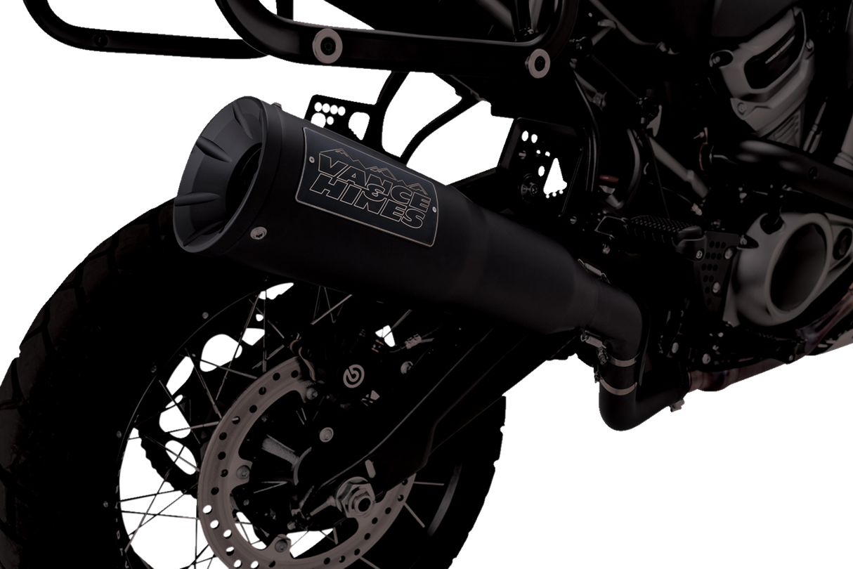 Vance & Hines Adventure Hi-Output 450 CNC-machined billet end cap close-up on Harley-Davidson Pan America 1250