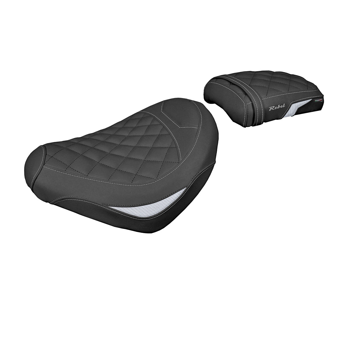Funda de asiento para Honda CMX 500 Rebel 2017-2025 Tappezzeria Italia TPZ en plata y negro con costuras de diamante