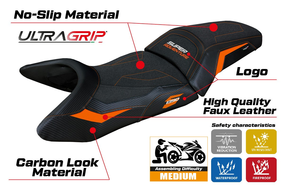 KTM 1390 Super Adventure S 2025 Seat Cover Tappezzeria Italia TPZ Ultragrip Orange Black