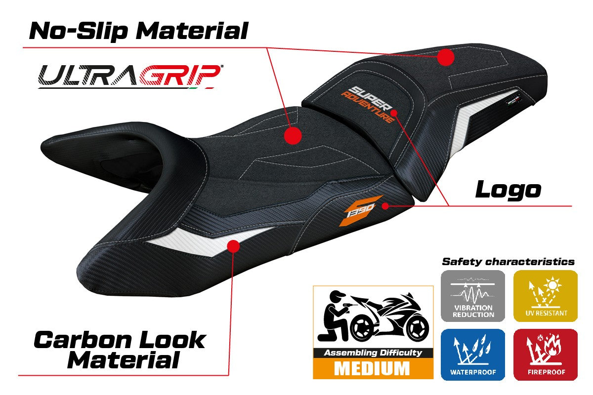 KTM 1390 Super Adventure S 2025 Seat Cover Tappezzeria Italia TPZ Ultragrip White Black