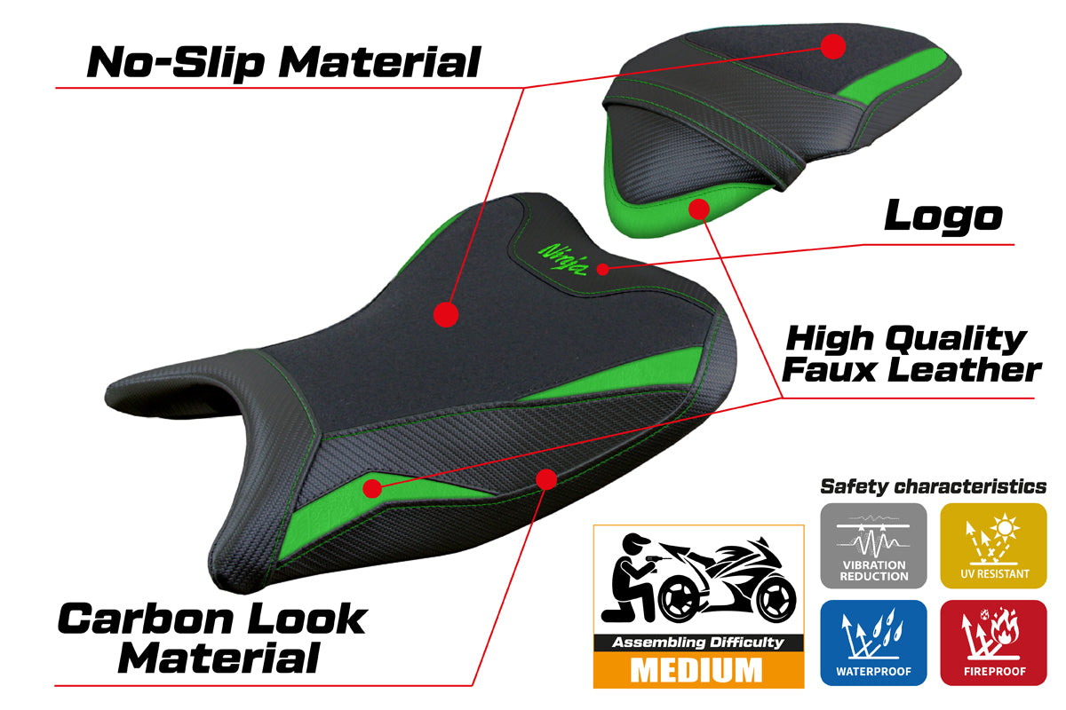 Funda de asiento Kawasaki Ninja 250 2018-2019 Tappezzeria Italia TPZ Ultragrip en verde y negro