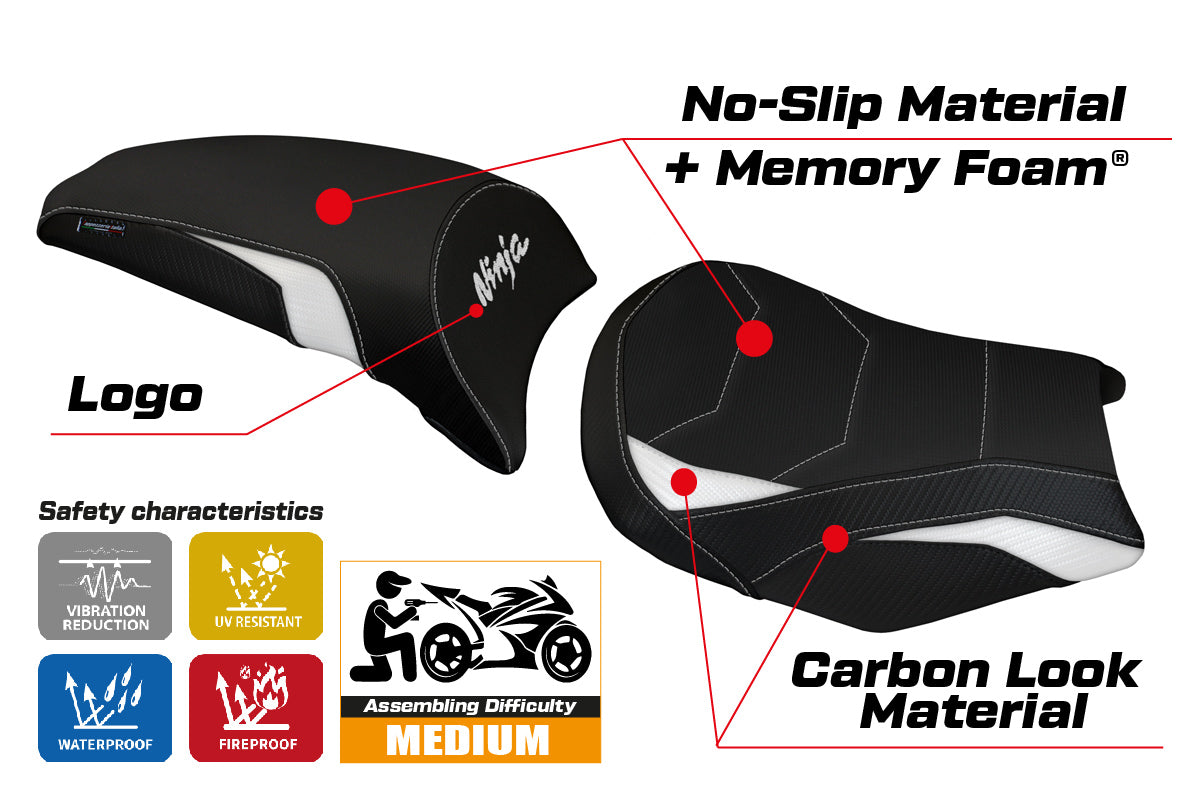 Funda de asiento Kawasaki Ninja 650 Z650 2017-2025 Tappezzeria Italia TPZ Comfort en blanco y negro