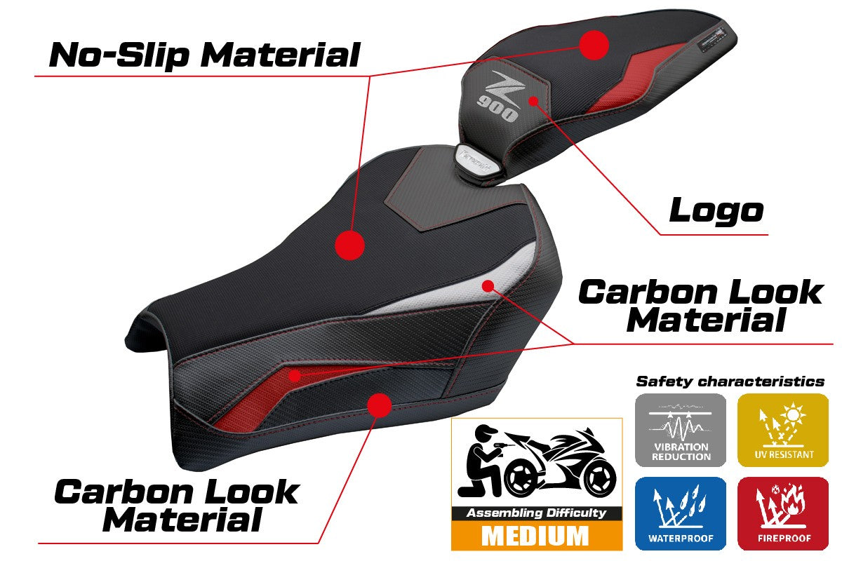 Funda de asiento Kawasaki Z900 2025 Tappezzeria Italia TPZ Rojo Plata Negro