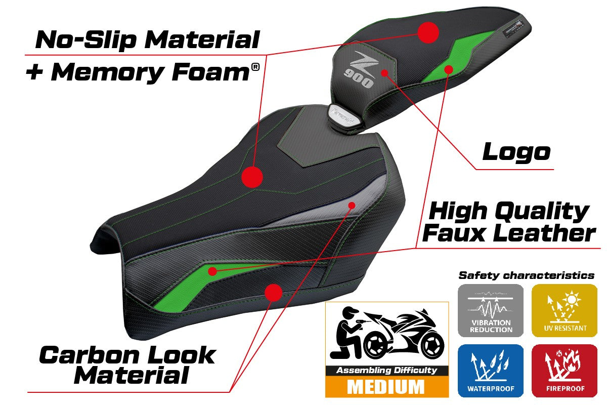 Funda de asiento Kawasaki Z900 2025 Tappezzeria Italia TPZ Comfort Verde Gris Negro