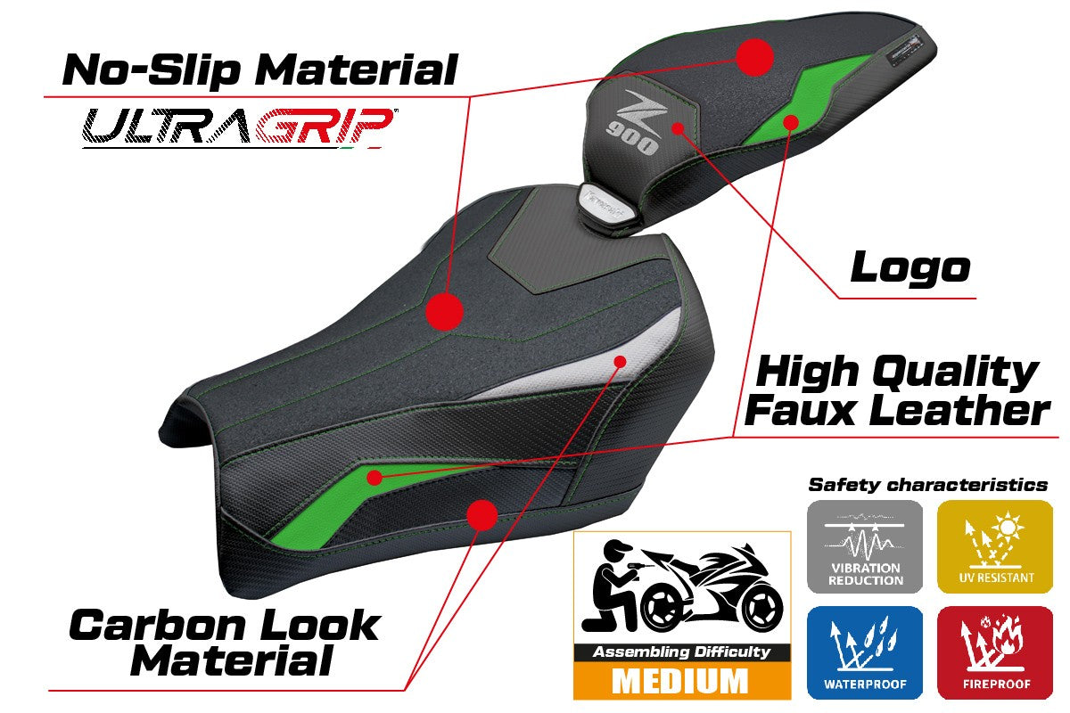 Funda de asiento Kawasaki Z900 2025 Tappezzeria Italia TPZ Ultragrip Verde Plata Negro