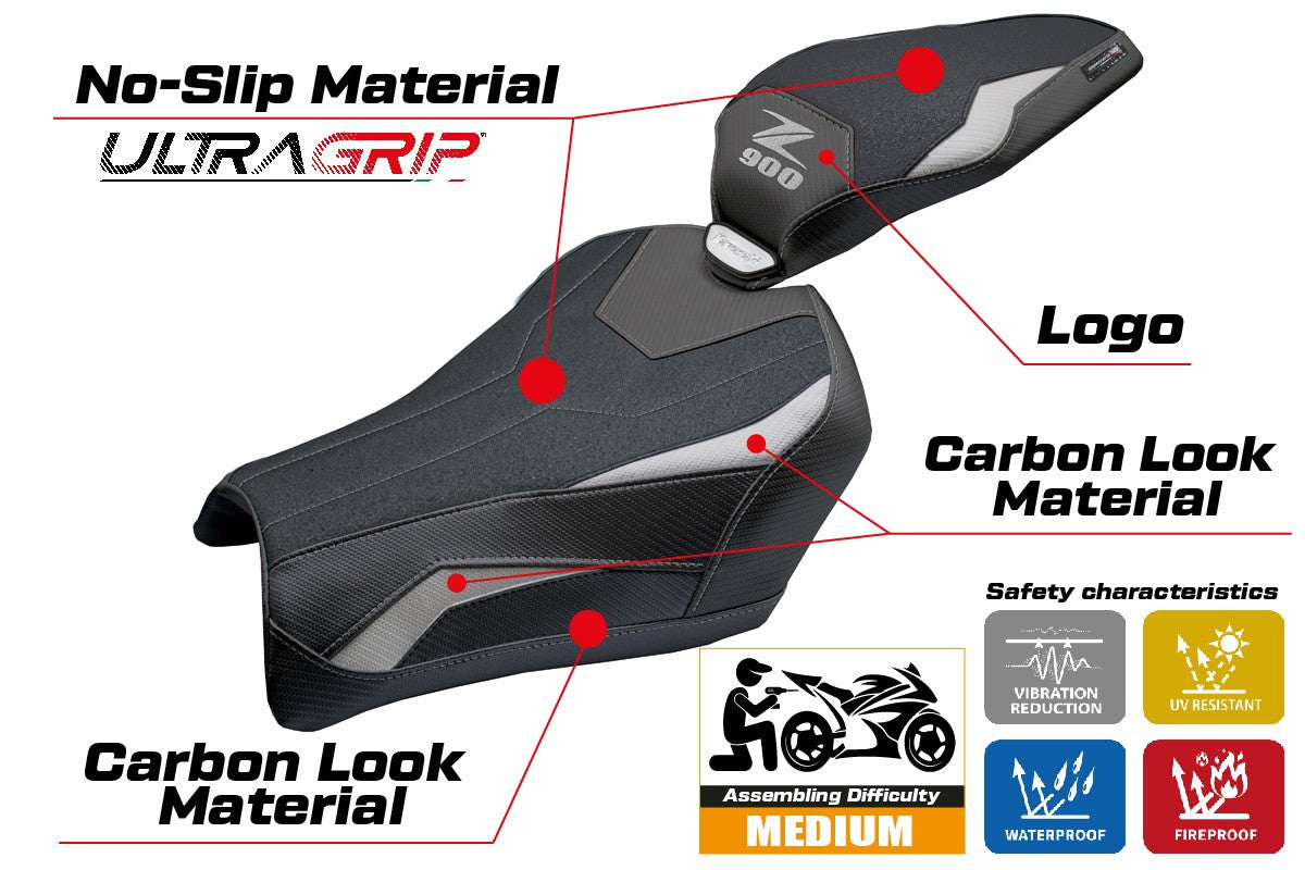 Funda de asiento Kawasaki Z900 2025 Tappezzeria Italia TPZ Ultragrip Plata Negro