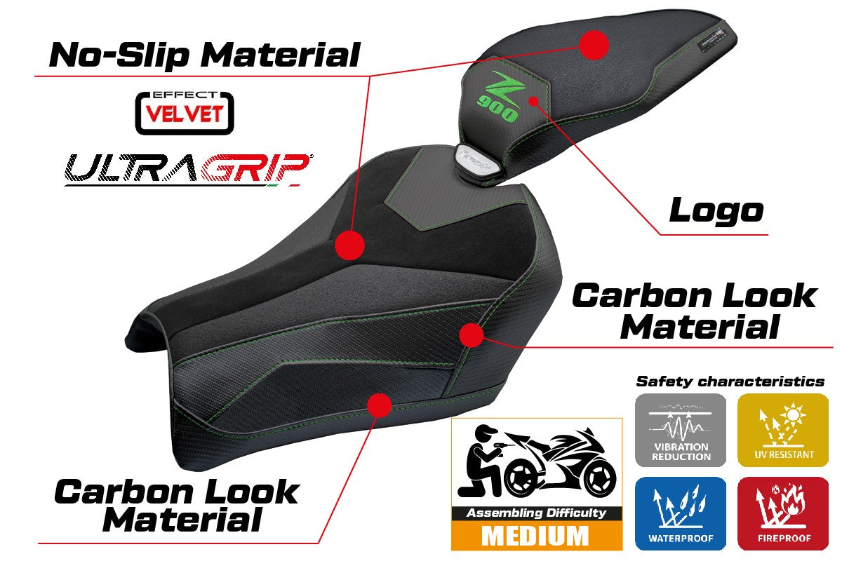 Funda de asiento Kawasaki Z900 2025 Tappezzeria Italia TPZ Velvet Ultragrip Negro Verde