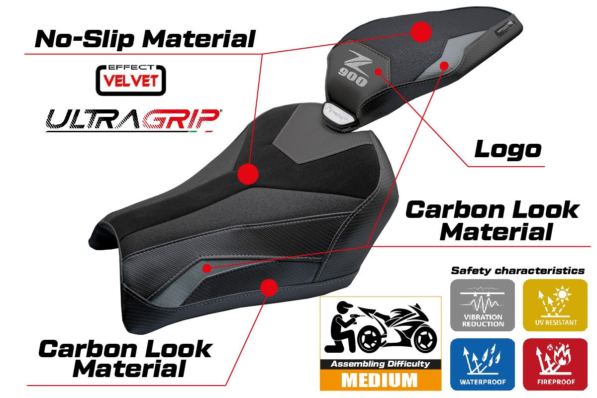 Funda de asiento Kawasaki Z900 2025 Tappezzeria Italia TPZ Velvet Ultragrip Gris Negro