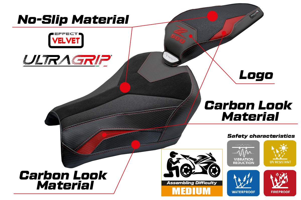 Funda de asiento Kawasaki Z900 2025 Tappezzeria Italia TPZ Velvet Ultragrip Rojo Negro