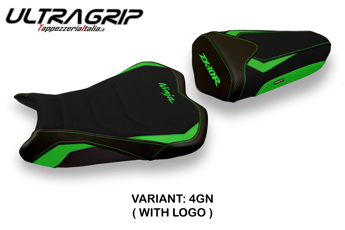 Funda de asiento Kawasaki Ninja ZX10R 2008-2010 Tappezzeria Italia TPZ Ultragrip en verde y negro