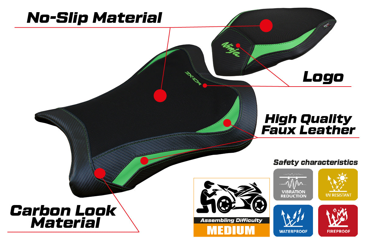 Funda de asiento Kawasaki Ninja ZX10R 2021-2025 Tappezzeria Italia TPZ en verde y negro
