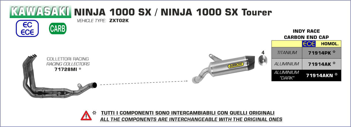 Arrow Exhaust Kawasaki Ninja 1000SX 2020-2024 Indy Race Aluminum Slip-on 71914AK