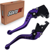 Sixty61 Purple and black motorcycle brake and clutch lever set with 'Sixty67' branded box in the background