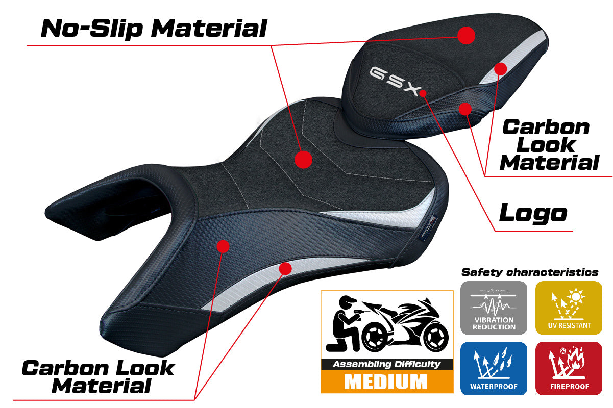 Funda de asiento Suzuki GSX 8S-8R 2023-2025 Tappezzeria Italia TPZ Ultragrip en blanco y negro