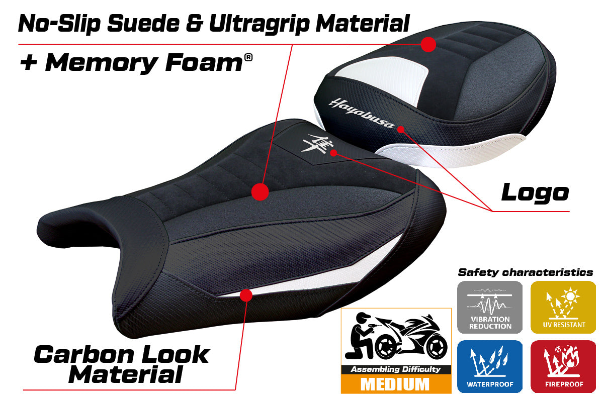 Funda de asiento Suzuki GSX R 1300 Hayabusa 2008-2020 Tappezzeria Italia TPZ Comfort Ultragrip en ante blanco