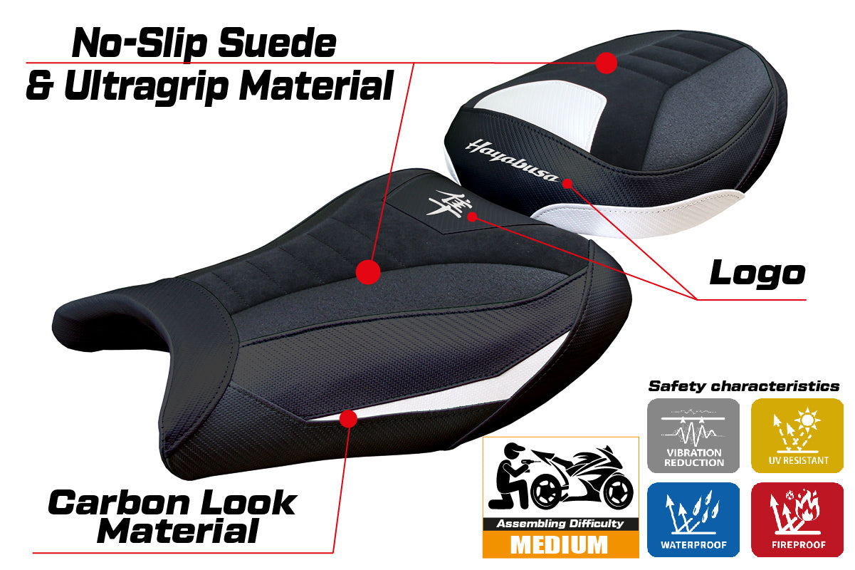 Funda de asiento Suzuki GSX R 1300 Hayabusa 2008-2020 Tappezzeria Italia TPZ Ultragrip en ante blanco
