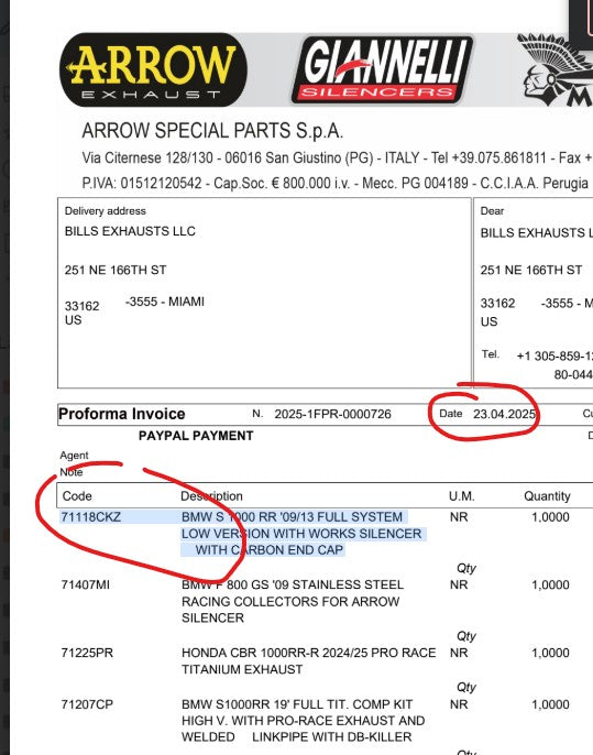 71118ckz Arrow Bmw S1000RR 2009-2014 Full System Low Version With