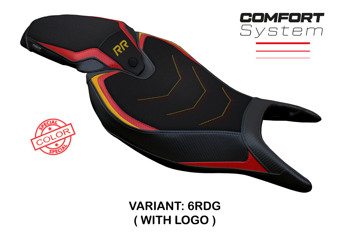 Funda de asiento Tappezzeria Italia TPZ Comfort para Triumph Speed ​​Triple 1200 RR 2022-2025 en rojo y dorado