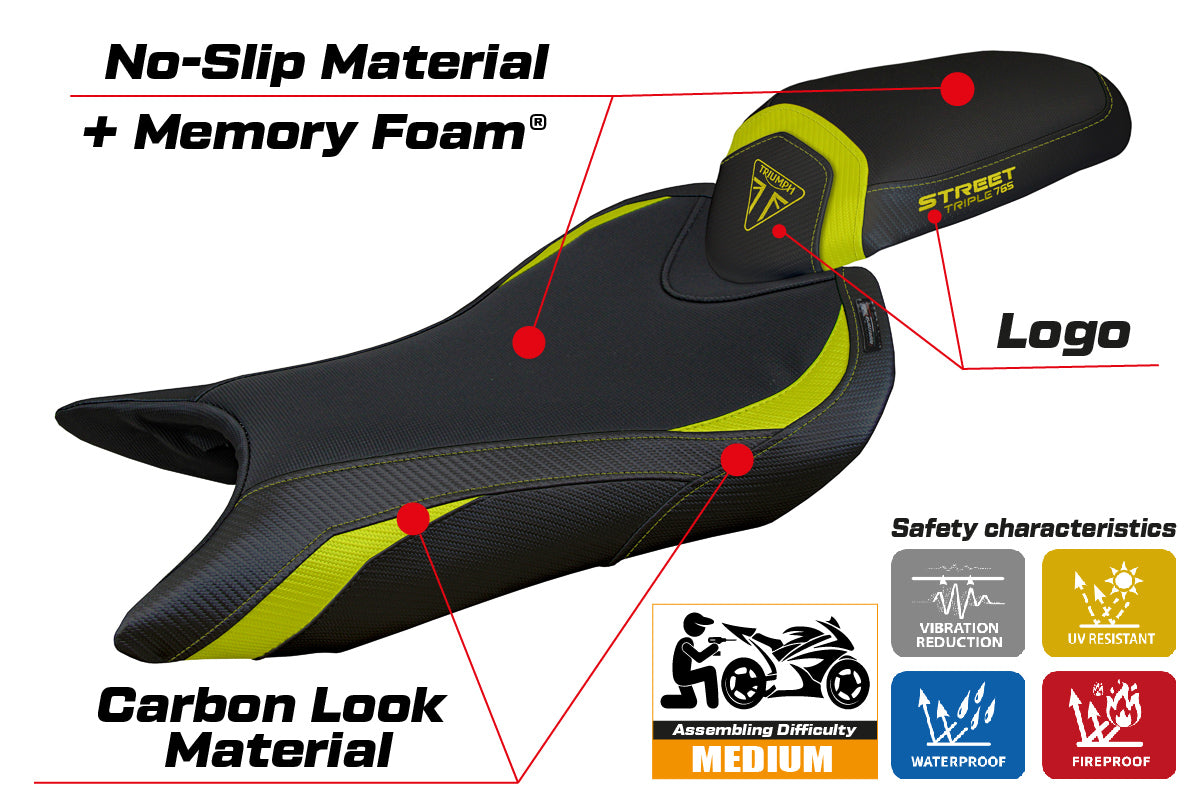 Funda de asiento para Triumph Street Triple 765 2023-2025 Tappezzeria Italia TPZ Comfort en amarillo y negro