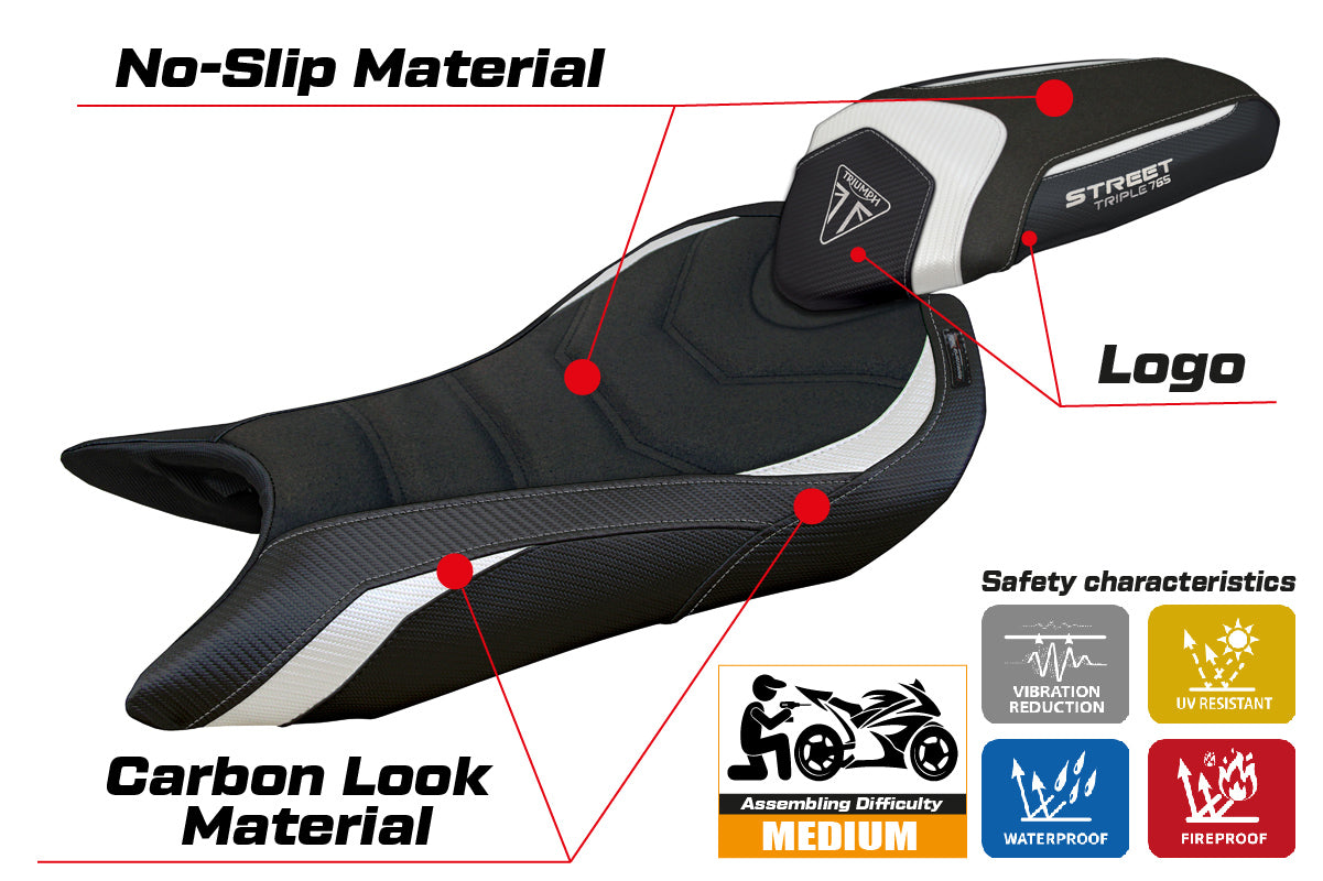 Funda de asiento para Triumph Street Triple 765 2023-2025 Tappezzeria Italia TPZ Ultragrip en blanco y negro