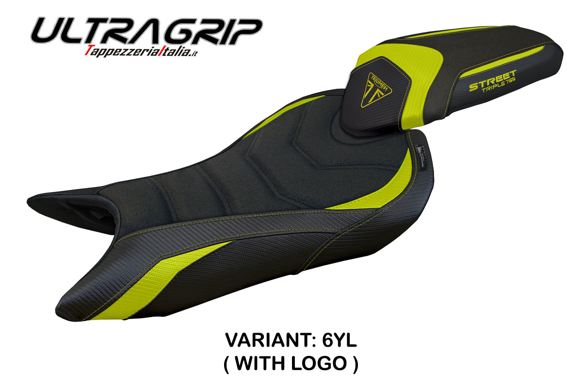 Funda de asiento Tappezzeria Italia TPZ Ultragrip para Triumph Street Triple 765 2023-2025 en amarillo y negro