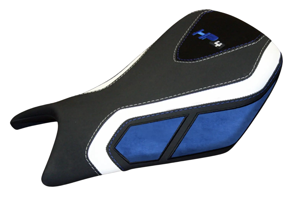 Fundas de asiento Volcano, BMW S1000RR HP4 2013-2014, delanteras, con aspecto de carbono y empuñaduras en negro y azul