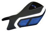 Fundas de asiento Volcano, BMW S1000RR HP4 2013-2014, delanteras, con aspecto de carbono y empuñaduras en negro y azul