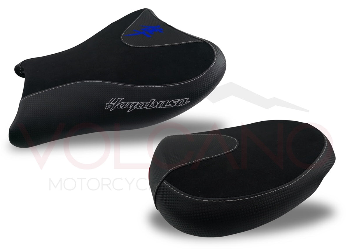 Fundas de asiento Volcano para Suzuki Hayabusa 2008-2020, delanteras y traseras, con aspecto de carbono y agarre en negro y azul.