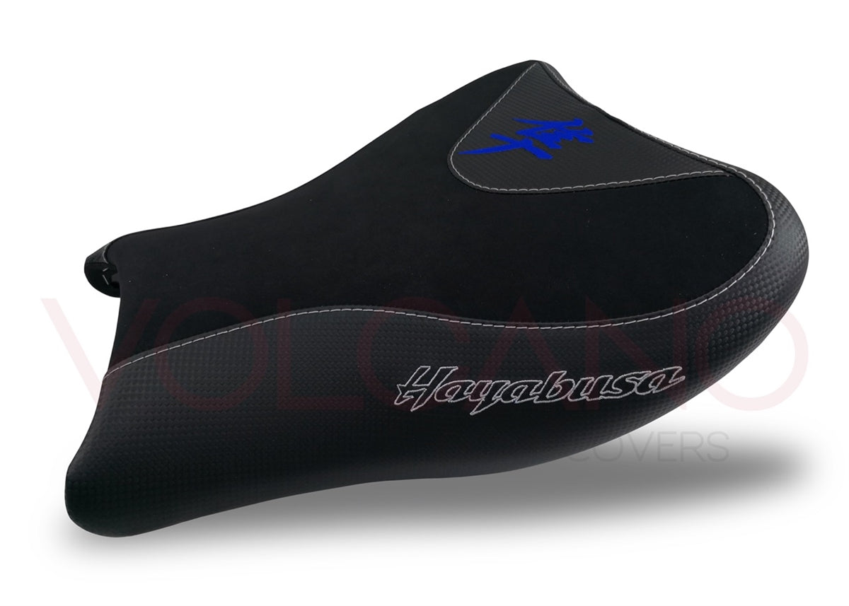 Fundas de asiento Volcano para Suzuki Hayabusa 2008-2020, delanteras y traseras, con aspecto de carbono y agarre en negro y azul.