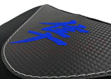 Fundas de asiento Volcano para Suzuki Hayabusa 2008-2020, delanteras y traseras, con aspecto de carbono y agarre en negro y azul.