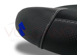 Fundas de asiento Volcano para Suzuki Hayabusa 2008-2020, delanteras y traseras, con aspecto de carbono y agarre en negro y azul.