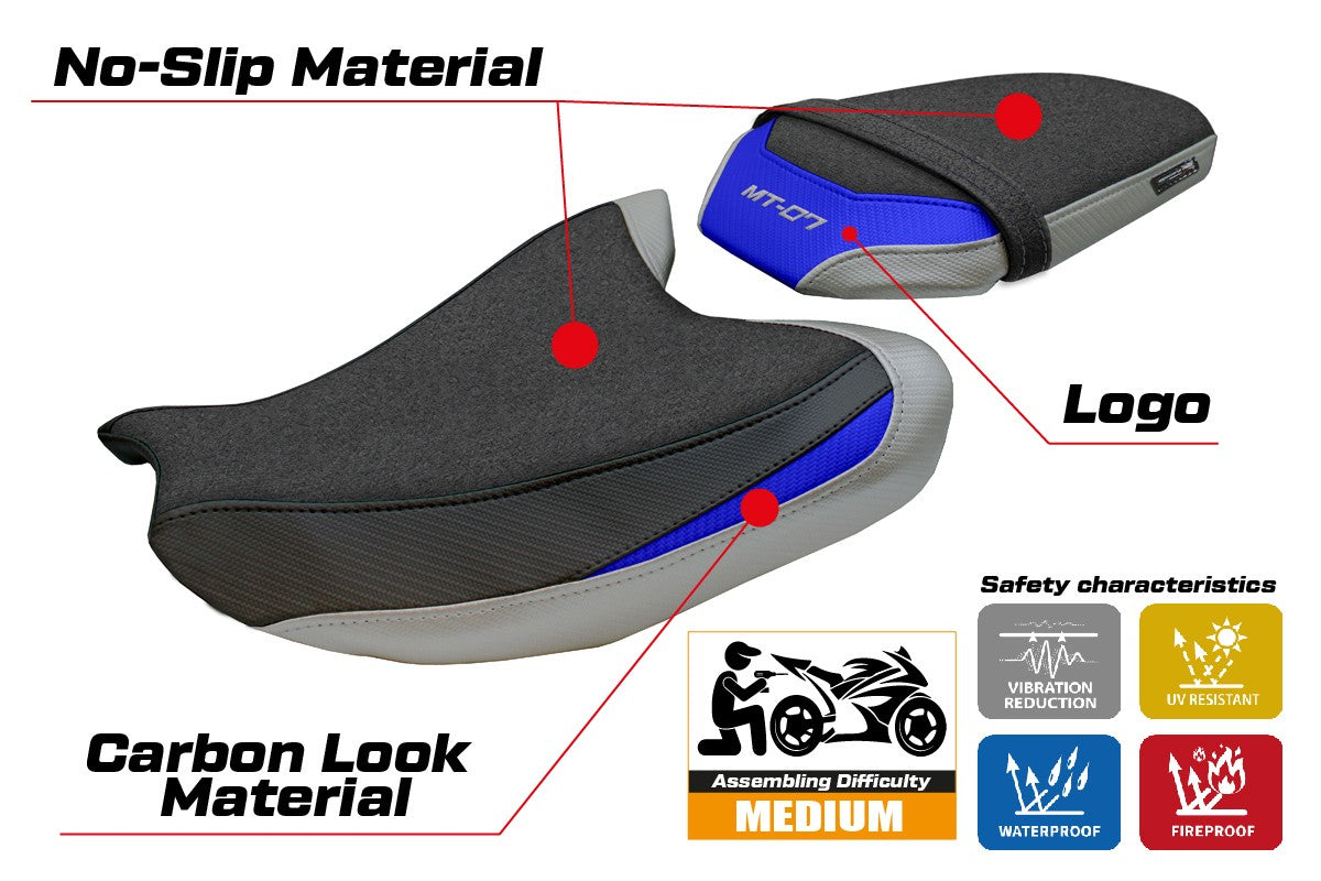 Funda de asiento Yamaha MT-07 FZ07 2025 Tappezzeria Italia TPZ Ultragrip Plata Azul Negro