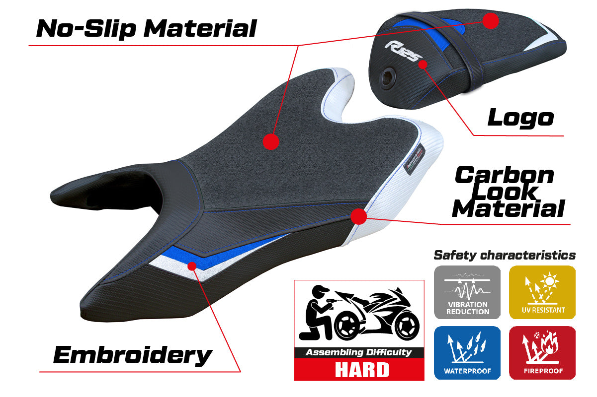 Funda de asiento Yamaha YZF R125 2019-2023 Tappezzeria Italia TPZ Ultragrip en blanco y azul