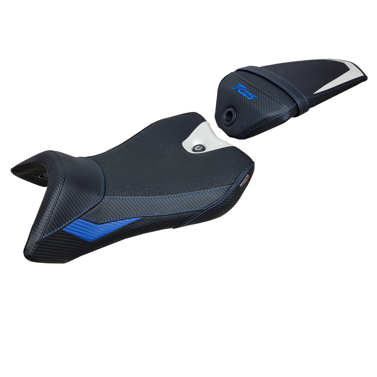 Funda de asiento Yamaha YZF R125 2016-2018 Tappezzeria Italia TPZ Ultragrip en blanco, azul y negro