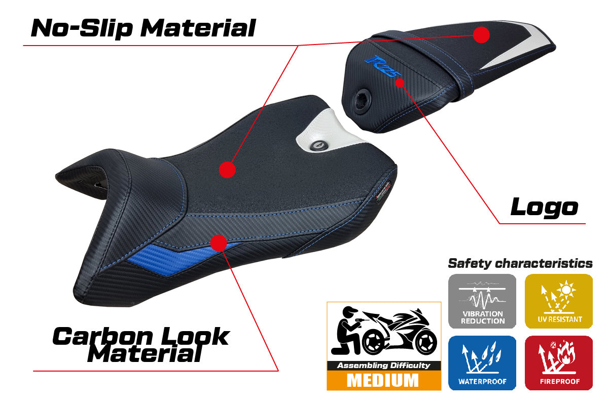 Funda de asiento Yamaha YZF R125 2016-2018 Tappezzeria Italia TPZ Ultragrip en blanco, azul y negro