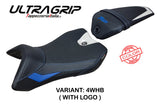 Funda de asiento Yamaha YZF R125 2016-2018 Tappezzeria Italia TPZ Ultragrip en blanco, azul y negro