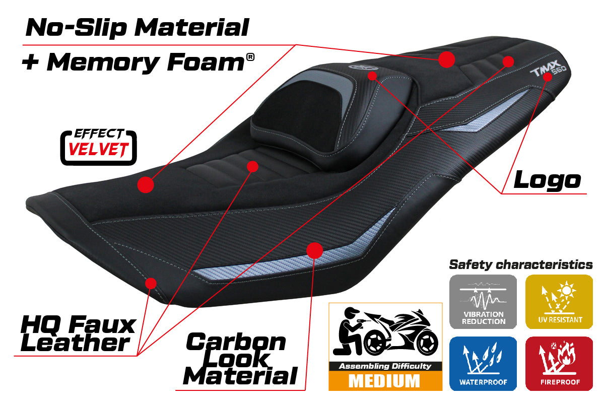 Funda de asiento Yamaha T-Max 560 2022-2025 Tappezzeria Italia TPZ Comfort en gris y negro