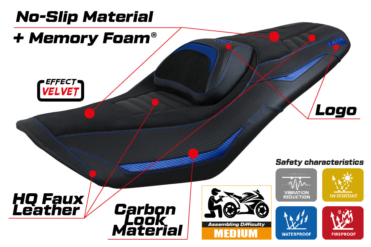 Funda de asiento Yamaha T-Max 560 2022-2025 Tappezzeria Italia TPZ Comfort en azul y negro