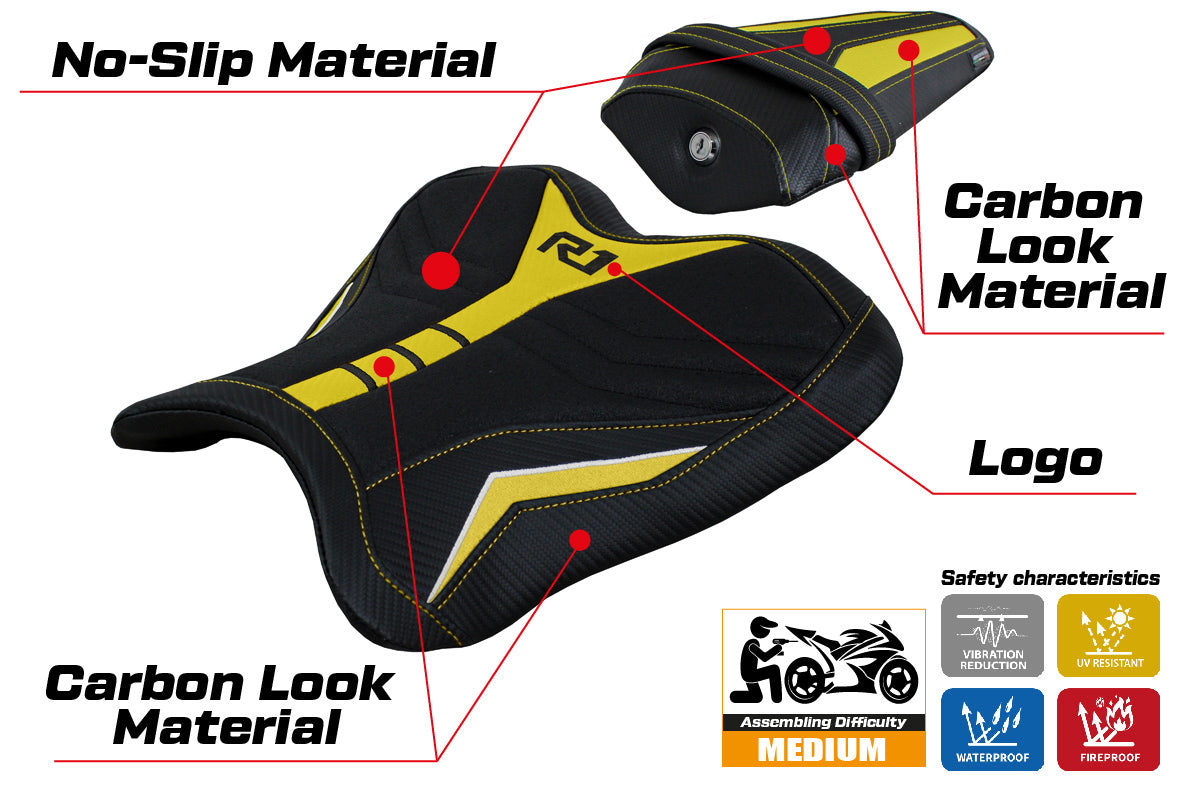 Funda de asiento Yamaha YZF R1 2015-2025 Tappezzeria Italia TPZ Ultragrip en amarillo y blanco