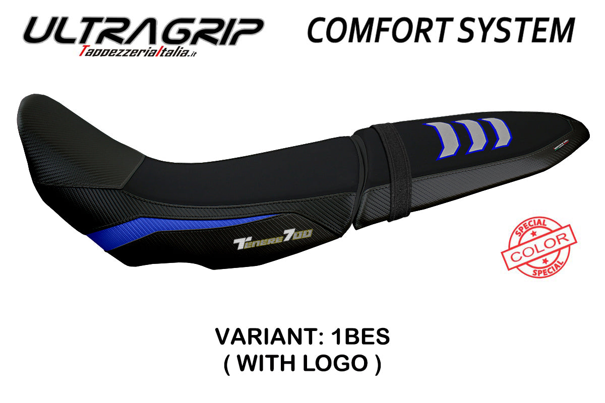 Funda de asiento Yamaha Tenere 700 2019-2025 Tappezzeria Italia TPZ Comfort en U-Grip Azul y Plata FR