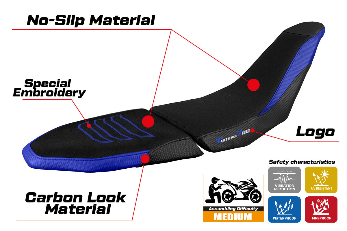 Funda de asiento Tappezzeria Italia TPZ Ultragrip para Yamaha Tenere 700 Raid 2022-2025 en azul