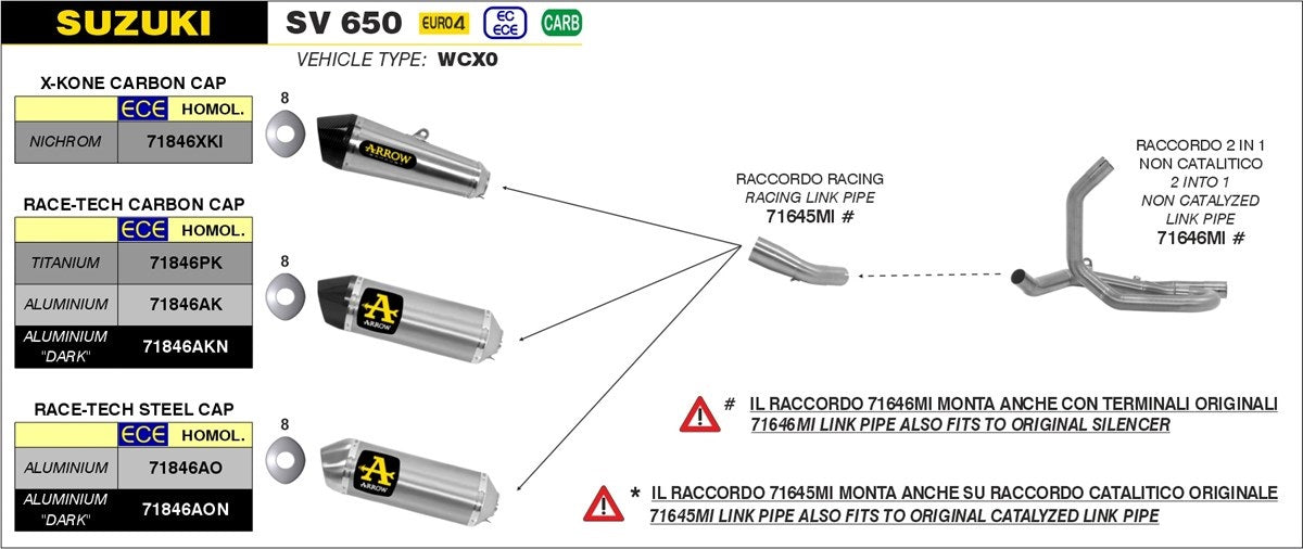 Tubo de conexión de acero inoxidable Arrow Suzuki Sv 650 '16/'21 para silenciadores Arrow y colectores originales 71645mi
